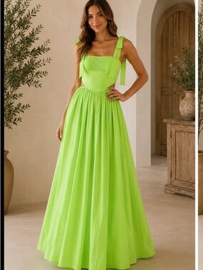 SHEIN Neon Green Tie-Shoulder Smocked Maxi Dress